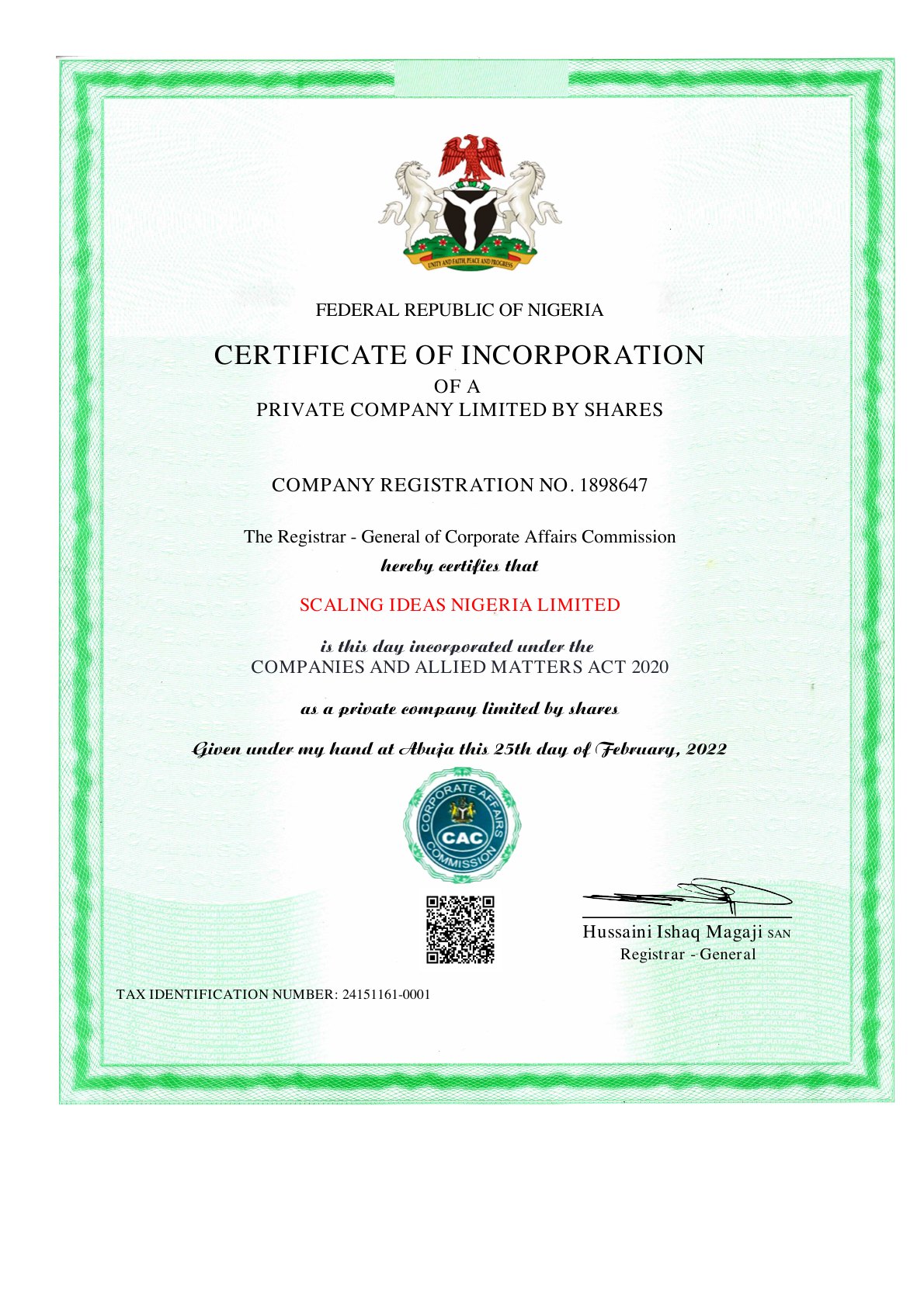 Certificate of Incorporation for Scaling Ideas Nigeria Limited, company registration number 1898647