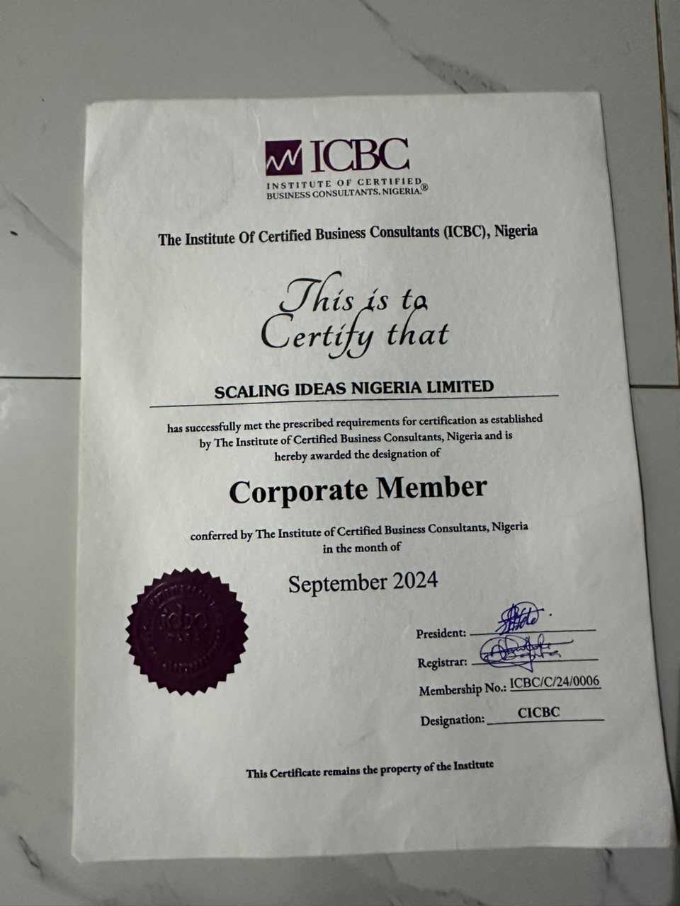 Scaling Ideas Nigeria Limited membership certificate